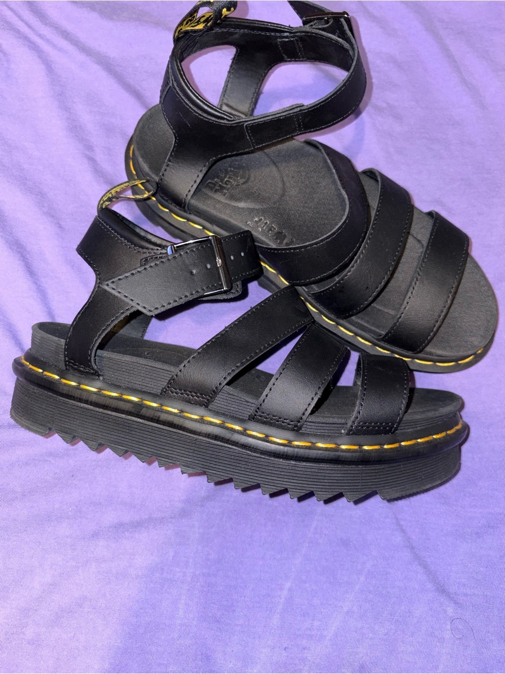 Dr. Martens Black Leather Platform Sandals with Yellow Stitching